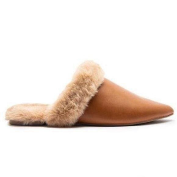 Shoes - Faux Fur Lined Pointed Toe Mule in Tan
